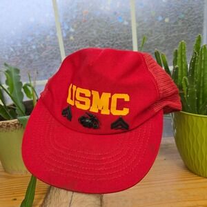 Vintage USMC Trucker Hat Red Mesh Adjustable Made in USA OSFA Military‎ Cap 80s